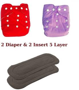 Playalong All In One Reusable Adjustable Washable Cloth Diaper Nappy For Baby New Born To 2 Year Red and Purple Diaper With 2 Bamboo Insert 5 Layer