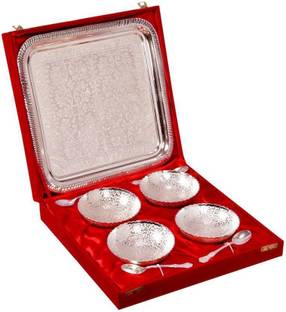 Shahi Durbar Aluminium Serving Bowl Shahi Durbar Silver Plated Bowl Set with Tray - Pack of 4