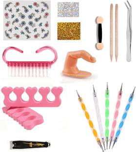MGP FASHION Cosmetic Beauty Nail art combo mini tool kit 5 Dotting Pen Marbleizing 2way, Stainless Steel Multipurpose Tweezer (Plucker) set for False Eyelash Extensions Nail Art Manicure Tool, 2 wooden stick, Professional Nail cuticle clipper Cutter, water Transfer Decals stickers multi colour Random design or colour of nail art sticker sheet, Fabulous sparkles Nail Art Fiber Glitter Powder (Golden and silver), Nail Tip Guide Sticker, Plastic Fake Finger Nail Model Tool For Training for use Everywhere.