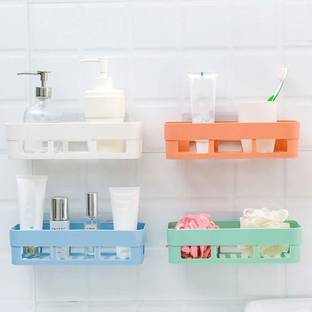 Qrex Multipurpose Strong Adhesive Magic Sticker ABS Plastic Kitchen Bathroom Shelf Wall Holder Storage Box Bathroom Organizer Shower Rack Shelf,4 Bathroom Shelves,Multi Color,Bathroom Set Of 4 Plastic Bathroom Set