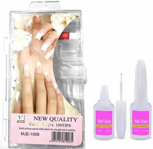 LikeUp Gorgeous 100pcs Silicon made Reusable Transparent Artificial Nail Tips Best False Nails with 10ml Strong Nail Brush Glue Transparent
