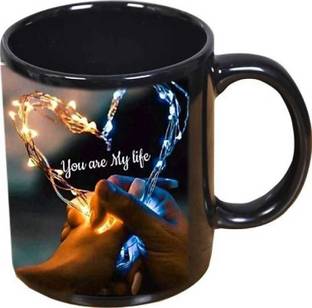 Murli Textiles PASHUPATASTRA "You Are My Life" (Couple Heart)" Classic Stylish Black Coffee Gift For Friends, Lovers, Valentine's day, Anniversary Gift, Black Patch (350ml) Ceramic Coffee Mug
