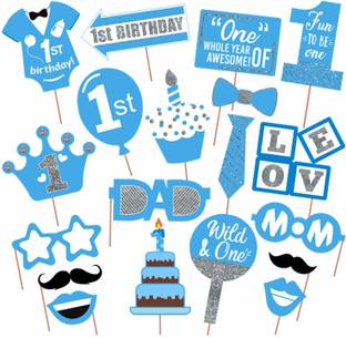 PartyDecoration First Birthday Boy Photo Booth Props - Party Supplies for Party Birthdays Photobooth Dress Up Accessories (Pack of 19) Photo Booth Board
