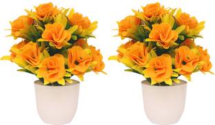 mogal 07Wild Artificial Plant with Pot(Yellow Rose, Pack of 2, 8inch) Bonsai Wild Artificial Plant  with Pot