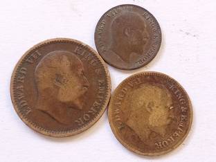 MANMAI COINS 3 DIFFERENT COINS SET - KING EDWARD ( KE VII ) - 1/4 , 1/12 ANNA & 1/2 PICE - RANDOM YEAR - CIRCULATED CONDITION - BRITISH INDIA Medieval Coin Collection