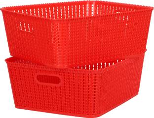 Cutting EDGE Set of 2 | Medium | Red | Multipurpose Sturdy Woven Storage Baskets Organiser for Kitchen, Office, Stationary, Cosmetics Plastic Fruit & Vegetable Basket