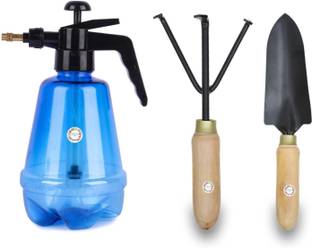 Hariyali Seeds Garden Pump Pressure Sprayer Lawn Sprinkler, Water Mister, Spray Bottle For Plants (Multicolor) and Wooden Hand Digging Trowel & Hand Cultivator For Home Gardening and Outdoor Living Garden Tool Kit