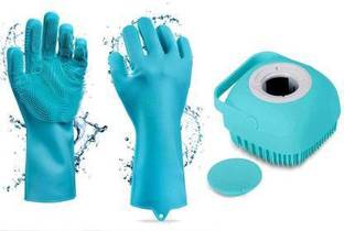 Someshwar fashion Combo Silicone Dish Washing Gloves, Silicon Cleaning Gloves, Silicon Hand Gloves for Kitchen, Dishwashing, Pet Grooming, car, Bathroom, Washing Dish | Silicon Bath Scrubber Brush(Multicolor, Pack of 2)
