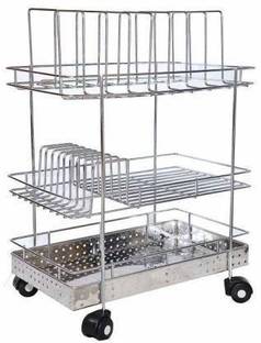 YASHODEEP PLASTIC Stainless Steel 3 Layer Kitchen Dish/Thali Drainer Rack Utensils Rack Perforated Cutlery and Bowl Drainer Trolley with Wheel Steel Kitchen Trolley