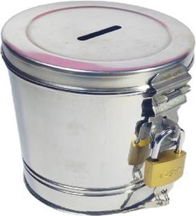 eKitchen Stainless Steel Round Shape Money Bank Piggy Banks Antique Coin Bank Box Money Organiser Gullak Coin/Money box/coin box Case Gift Item Coin Bank With Lock & Key (Silver) Coin Bank