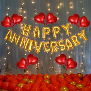 SHOPTIONS Printed Red And Golden Happy Anniversary Decorations for Home Kit - 74Pcs Foil Balloon Banner, Metallic Balloons 1set LED Lights Combo for 25th 50th 1st, Wedding Party Decoration,Mom DAD Letter Balloon
