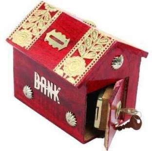 Smarts collection Wooden red colour hut shape coin bank with 1 lock and 2 keys Coin Bank Coin Bank