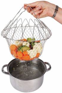 Laxit Enterprise Multi-Purpose Foldable Steam Rinse Strain Fry Chef Basket, Deep Frying Basket ( 6 Inches Height) ( Silver ) Collapsible Deep Frying Basket