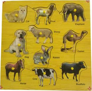 Ashmi Wooden Domestic Animals Puzzle With Knobs Colorful Educational Tray Puzzle for kids Toddlers Age 2 And Above