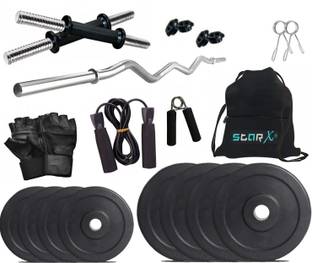 STARX 32 kg Pure Rubber weight Plates with 3ft Curl Rod and Accessories Home Gym Combo