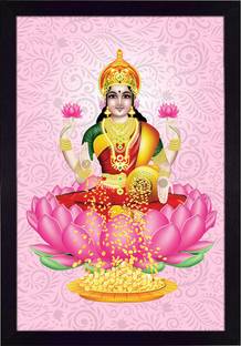 Ritwika's Abstract Wall Art Of Goddess Lakshmi Showering Wealth With Frame for Home and Office Decor Digital Reprint 13.5 inch x 9.5 inch Painting