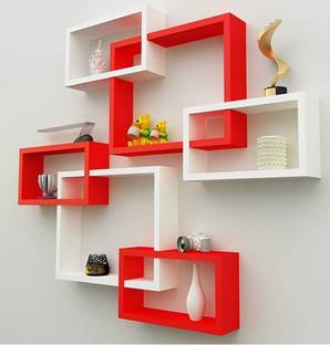 Royal Store Royal Store MDF Wall Decoration Intersecting Floating Wall Shelves Set of 6 (Standard, Red & White) Wooden Wall Shelf