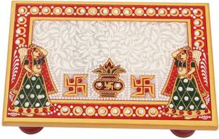 Handicrafts Paradise Marble Puja Chowki Rectangle shape with Kalash design by Handicrafts Paradise Marble Pooja Chowki