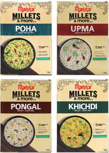 Manna Instant Millet breakfast - Combo Pack of 4 (12 Servings) - Millet Upma, Poha, Khichdi, Pongal (180g each) - 3 Servings per pack | 100% Natural - No Preservatives/ No Artificial colour or flavours. 720 g