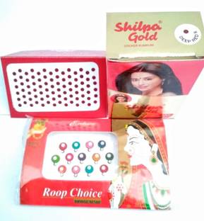 Shilpa Gold Bindi Deep Red Size-8 (Pack of 20) with Fancy Bindi Forehead Maroon, Multicolor Bindis