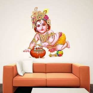 DivineDesigns 56 cm Kanhaiya Krishna Ji Wall Sticker ( Cover Area :- 56 X 61 cm ) Self Adhesive Sticker