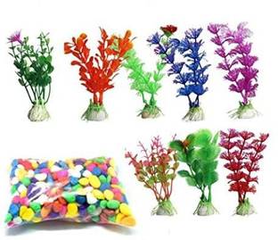 KAPOOR PETS Aquarium Decoration Kit Colorful Artificial Plant Colorful Rainbow Gravel Pebble Stone Substrate for Fish Turtle Tank Bowl Decor (8 Plants+ 1kg Stone) Aquarium Plant Anchor