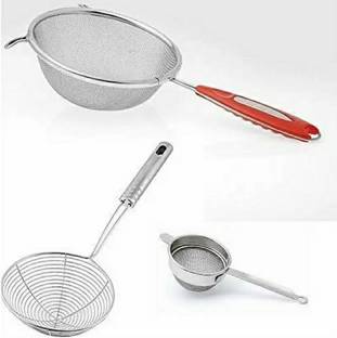 eKitchen Stainless Steel Combo of Strainers Collapsible Deep Frying Basket