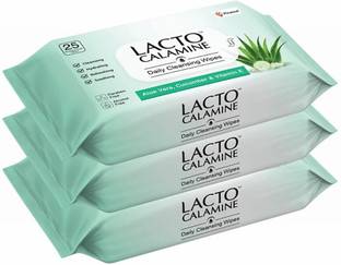 Lacto Calamine Daily Cleansing Face Wipes with Aloe Vera, Cucumber and Vitamin E (75 wipes) Pack of 3