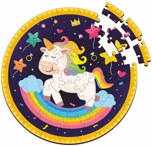 Webby Rainbow Unicorn Wooden Jigsaw Round Puzzle, 60 Pcs
