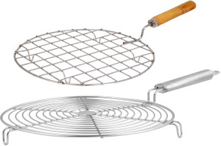 KSJONE Stainless Steel Multi-Functional Wire Steaming Cooling and Baking Barbecue Rack Round Wire Roaster Rack/Papad Jali/Roti Grill Round Shape with Wooden Handle