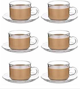 Green Apple Pack of 12 Glass premium quality Glass (6 set) Tea and Coffee Cup and Saucer set, 210 ml