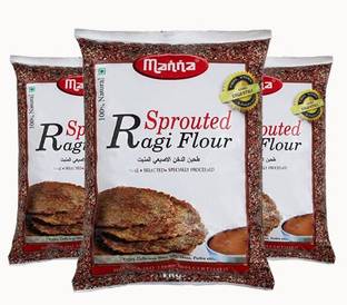 Manna Sprouted Ragi Flour, 100% Natural - 3kg (1kg x 3 Packs) | Made from Sprouted Ragi Whole Grains | Easy To Digest | Rich in Fibre, Vitamins and Proteins