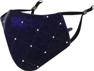 MASQ Anti-Pollution, Anti-Bacterial (BFE>99%) 4 Layer Embroidered, Designer, Fashionable & Protective Velvet Cloth Face Mask for Women, Girls with Detachable Chain, Size Adjustable Ear Loops & Mask Bag Velvet_Navy_Medium_01 Reusable, Washable Cloth Mask