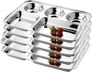 mannu LiiMETRO Stainless Steel Rectangular Bhojan / Lunch / Dinner Plate Dinner Plate (5 Dinner Plate) Sectioned Plate