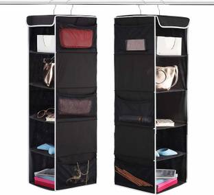 DOUBLE R BAGS 5-Shelf Hanging Closet Organizer - 6 Side Mesh Pockets Breathable Polypropylene Hanging Shelves - for Clothes Storage and Accessories, 12" x 11 ½" x 42" (Black, 2) Closet Organizer