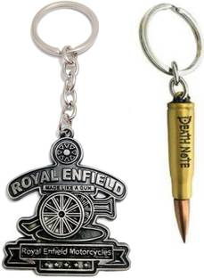 kd collections KD-612 - Combo of Royal Enfield Bullet Bike Keychain & Rifle Gun Bullet 3D Design Shaped Metal Keychain for Cars and Bikes - Grey Golden Color - Set of 2 Keychains Key Chain