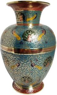 मोज़ो हब Hand Crafted Brass Sky Blue Flower vase Pattern पीतल वास
