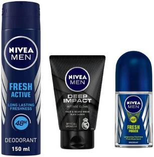 NIVEA Men Fresh Active Deo 150Ml ,Deep Impact Face Wash 100Ml , Fresh Power Roll ON 50Ml #34