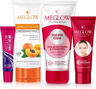 meglow Fairness Cream for Women 50g + Instant Glow Facewash 70g + Apricot Scrub 70g + Lip Shiner (SPF-15) 15g