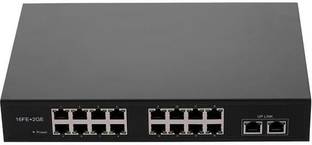 HANUTECH Poe Switch 16 Port 10/100Mbps + 2 Uplink Gigabit Port Fast Ethernet PoE Switch | 16 PoE+ 2 Uplink Gigabit RJ45 Ports 16 Ports 1000 Mbps Smart Network Switch