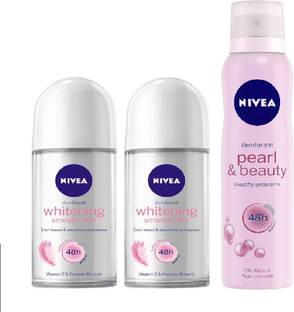 NIVEA Whitening Smooth Skin Roll On & Pearl & Beauty Deodorant Combo - Pack of 3 Deodorant Spray  -  For Women