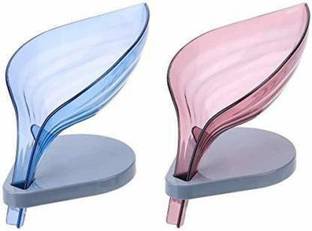 EPACKER Pack of 2 Leaf Drainage Soap Stand Holder Box Plastic Soap Dishes Self Draining Case Container with Drain and Suction Cup for Shower Bathroom Kitchen (Blue,Pink)