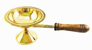 Real Craft Brass Dhoobakkal with Wooden Handle|Puja Dhoopakal|Pooja Dhoopkarandi|Traditional Arthi| Holder|Pooja Camphor Burner|Aarthi Item| Large Size 25 Cm| 210 Gm Jhuna Dani Brass, Wood Table Diya