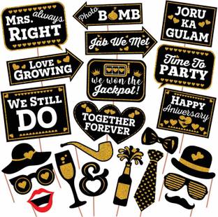 PartyDecoration 22 pcs Anniversary Photo Booth Party Props DIY Kit, Golden Glitter & Black , Anniversary Party Decoration Photo Booth Board