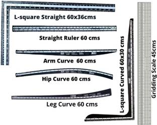 Upyukat Khyati Tailoring scales/ curves/ Fashion Designing Scale- Hard Plastic Scale- Set of 6- L-square straight (60cm), L- square curve (60cm), Hip curve (60cm), Leg curve (60cm), arm curve (60cm), straight ruler (60cm), Gridding scale (45cm) Sewing Kit