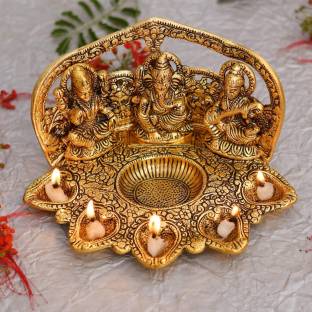 Handicraft Hub Laxmi Ganesh Saraswati Idol Diya Oil Lamp Deepak - Metal Lakshmi Ganesha Showpiece Statue - Traditional Diya for Diwali Puja - Diwali Home Decoration Items Gifts Aluminium Table Diya