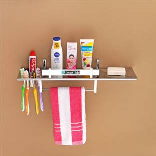 SMART SLIDE Stainless Steel 4 in 1 Multipurpose Bathroom Shelf – Bathroom Rack - Soap Dish – Tumbler Holder – Toothbrush Holder – Towel Hanger – Bathroom Accessories (18 x 5 inches) Stainless Steel Wall Shelf