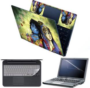FineArts 4 in 1 Combo Pack with Laptop Skin Sticker Decal, Palmrest Skin, Screen Protector, Key Guard for 15.6 Inch Laptop - Cute Radha Krishna Combo Set
