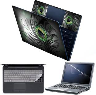 Anweshas 4 in 1 Combo Pack with Laptop Skin Sticker Decal, Palmrest Skin, Screen Protector, Key Guard for 15.6 Inch Laptop - Black Feather Combo Set Designed for Gaming