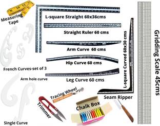 Upyukat Khyati Tailoring scales/ curves/ Fashion Designing Scale- Hard Plastic Scale- Set of 6- L-square straight (60cm), L- square curve (60cm), Hip curve (60cm), Leg curve (60cm), arm curve (60cm), straight ruler (60cm) Along with 1Gridding scale (45cm), 1Armhole curve, 1 Single curve, French curves-set of 3, Marking chalk box, 1 Measuring tape, 1 Tracing wheel, 1 Seam ripper and 1 Trimmer- Sewing Kit Sewing Kit